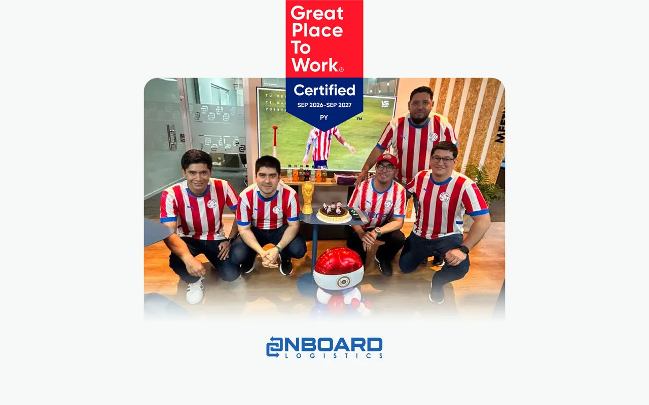 Great Place To Work Certified badge, September 2026 to September 2027, Paraguay, over a photo of the OnBoard Logistics Paraguay team in Paraguay national team jerseys