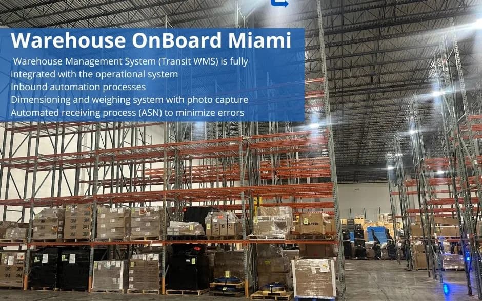 Racks with palletized cargo at the OnBoard Miami warehouse