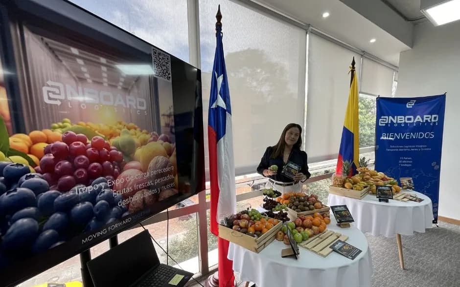 Fresh fruit displays and the OnBoard welcome banner at the Bogotá office