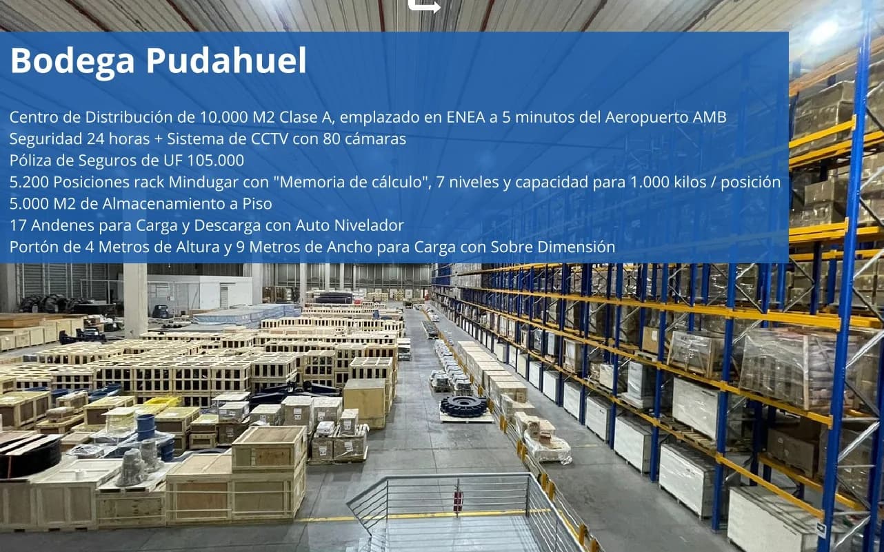 Inside OnBoard’s Pudahuel Warehouse in Santiago, Chile, with racks and crated cargo