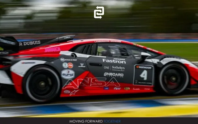 The No. 4 ANSA Motorsport Lamborghini, carrying the OnBoard logo, at speed on track
