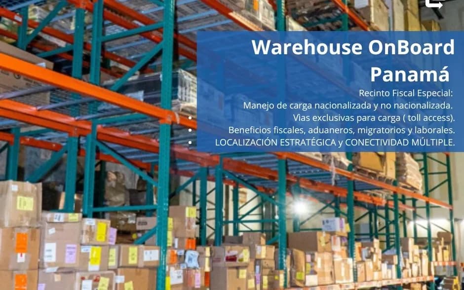 Racks stocked with goods at OnBoard’s Warehouse HUB Panama